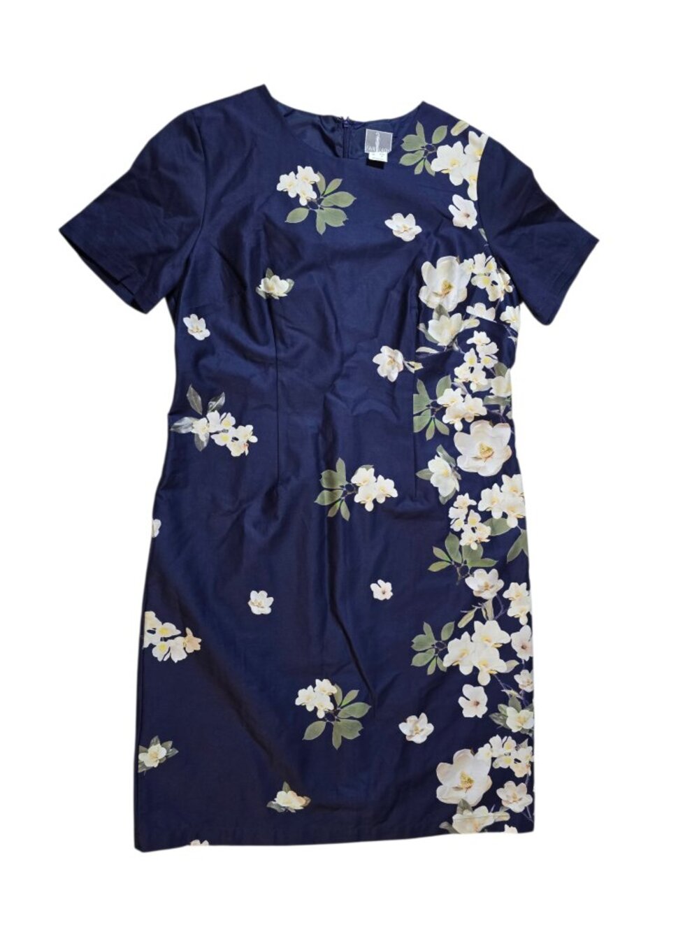 Fair Lady Navy Magnolia Floral Sheath Midi Dress Short Sleeve 8P